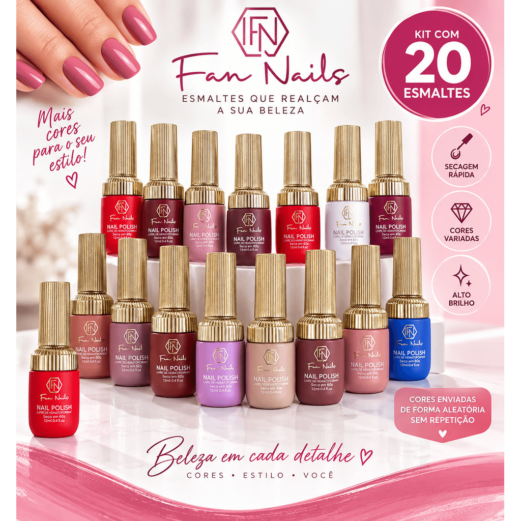 Kit 20 Esmaltes Fan Nails Cores Variadas Sem Repetição Renove Sua Coleção Kit 20 Esmaltes Fan Nails Sortidos