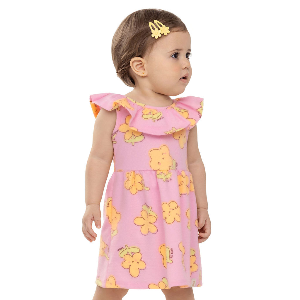 Vestido Bebê Menina Florzinhas Com Babado Elian Rosa