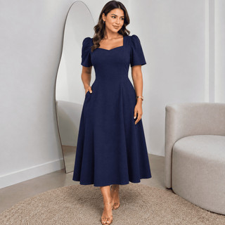 Vestido Midi Elegante Moda Cristã Slim Executiva Premium Godê Exclusiva Caimento Fluido Evasê Vestido Manguinha Casual