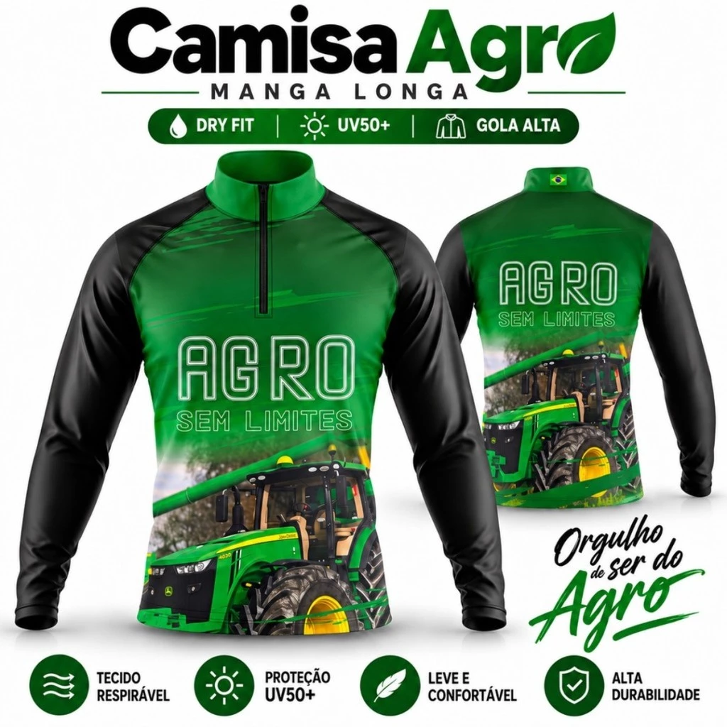Camisa Agro Masculina Manga Longa Dry Fit UV50+ Trator Fazenda Agro Sem Limites Gola Alta com Zíper — imagem 1
