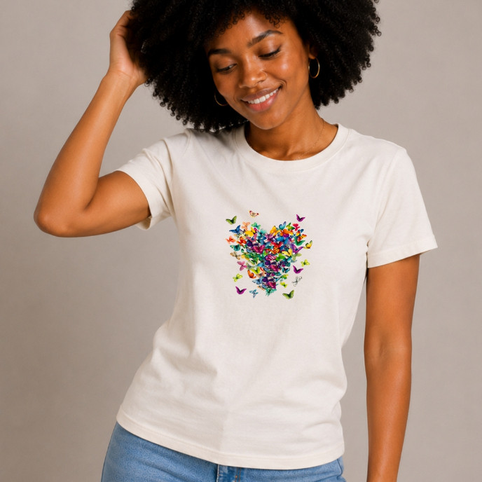 Camiseta Feminina Estampada Coração de Borboletas Casual Algodão T-shirt Blusa Estilosa Minimalista