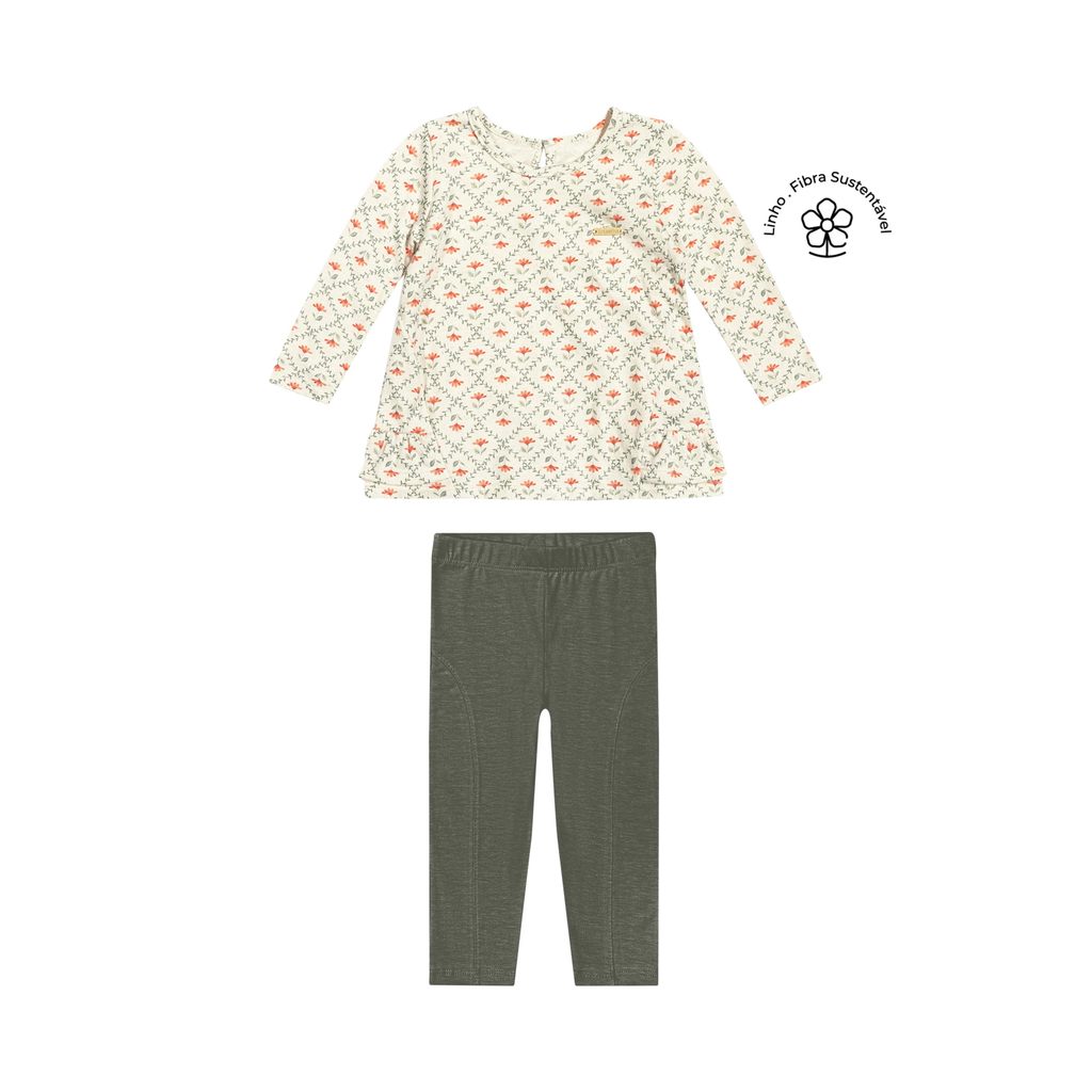 Conjunto Bebê Menina Malha Linho Floral Colorittá Bege