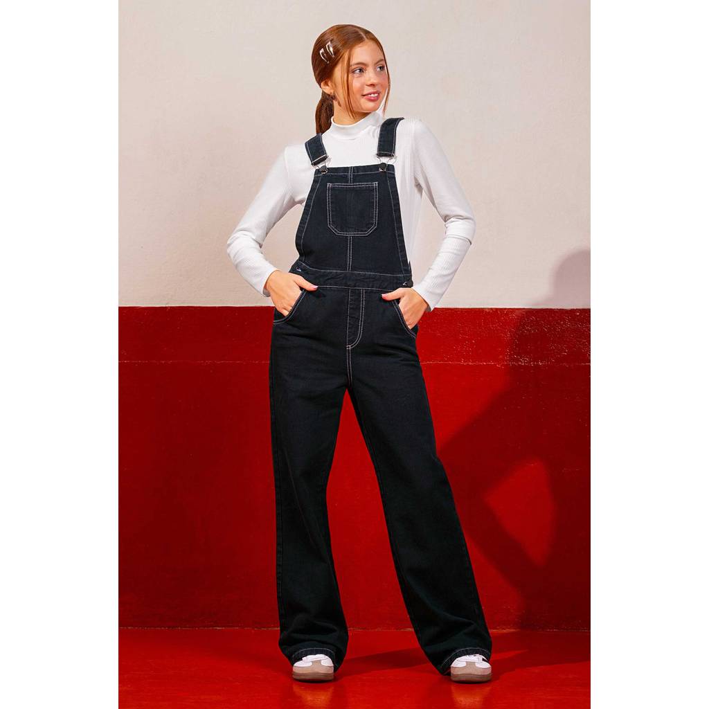 Jardineira Jeans Juvenil Menina Beats Preto
