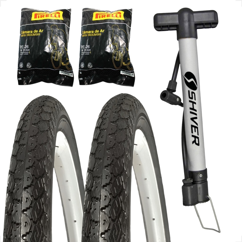 PAR PNEU PIRELLI 26 X 1.1 / 2X2 MANGA TURBO + PAR CAMARA BICICLETA BIKE + BOMBA DE AR MANUAL SHIVER