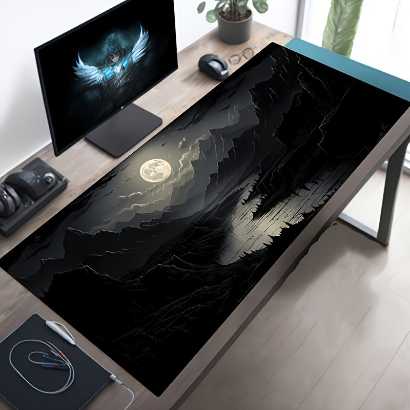 Mouse Pad Extra Grande Paisagem Noturna Lua Cheia Montanha Floresta Tapete Mesa Gamer Antiderrapante 80x30cm
