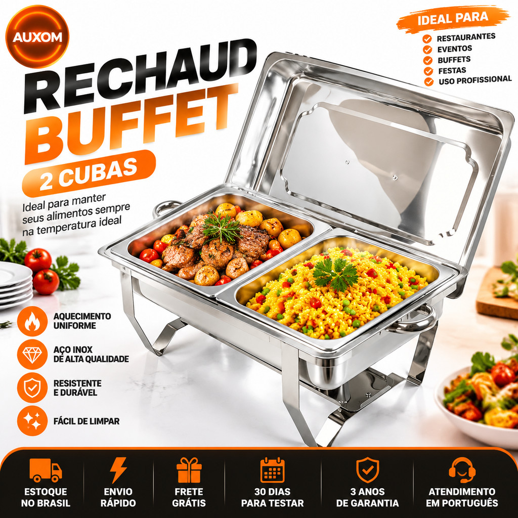 Rechaud Inox 11 Litros 1/3 Panelas Banho Maria 3 Cubas Buffet Profissional Para Festa e Eventos