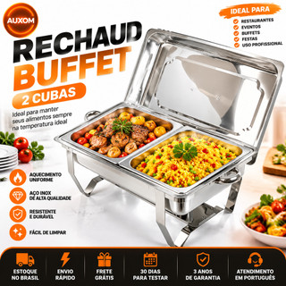 Rechaud Inox 11 Litros 1/3 Panelas Banho Maria 3 Cubas Buffet Profissional Para Festa e Eventos
