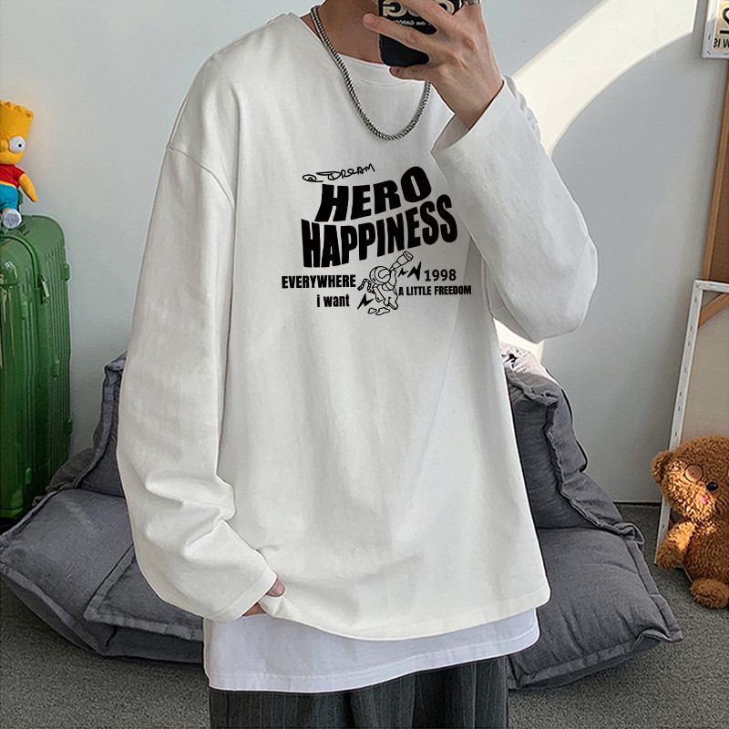 Branco puro algodão de manga comprida camiseta masculina estilo Hong Kong novo estilo na moda carta impressa topo primav