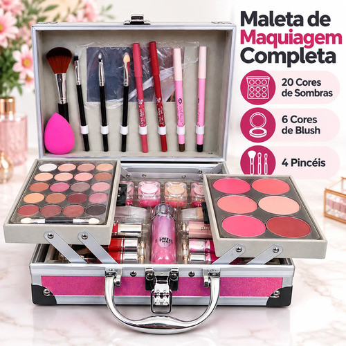 Maleta de Maquiagem Completa Rosa com 49 Itens Kit Premium Sombras Blush Batom Pincéis