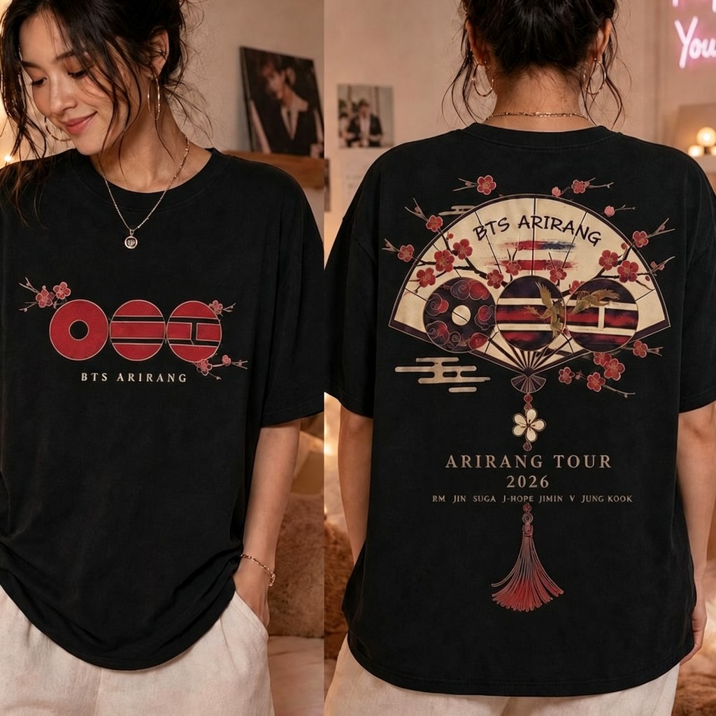 Camiseta Feminina Oversized BTS 2026 Arirang Tour, Estampa Frente e Verso Kpop, Confortável Streetwear