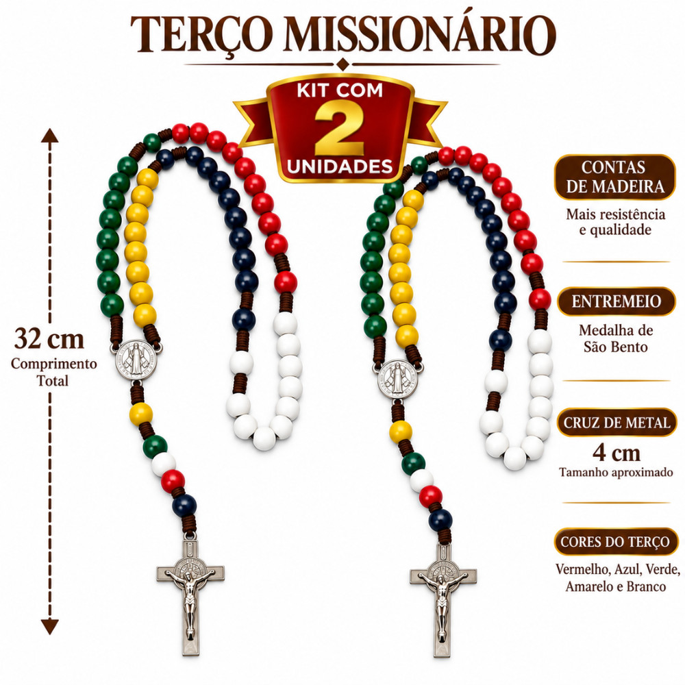 Terço Missionário Das Nações Rezando Pelo Mundo São Bento 32 cm - Kit com 2 Unidades