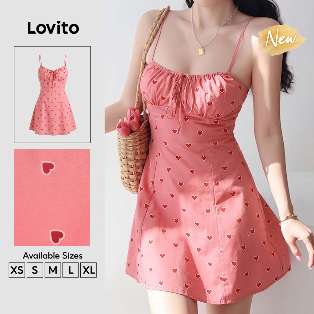 (New Arrival) Lovito Vestido Rosa Feminino Casual Curto evasê Com coração amarração E zíper primavera/verão DRK10P1D1025