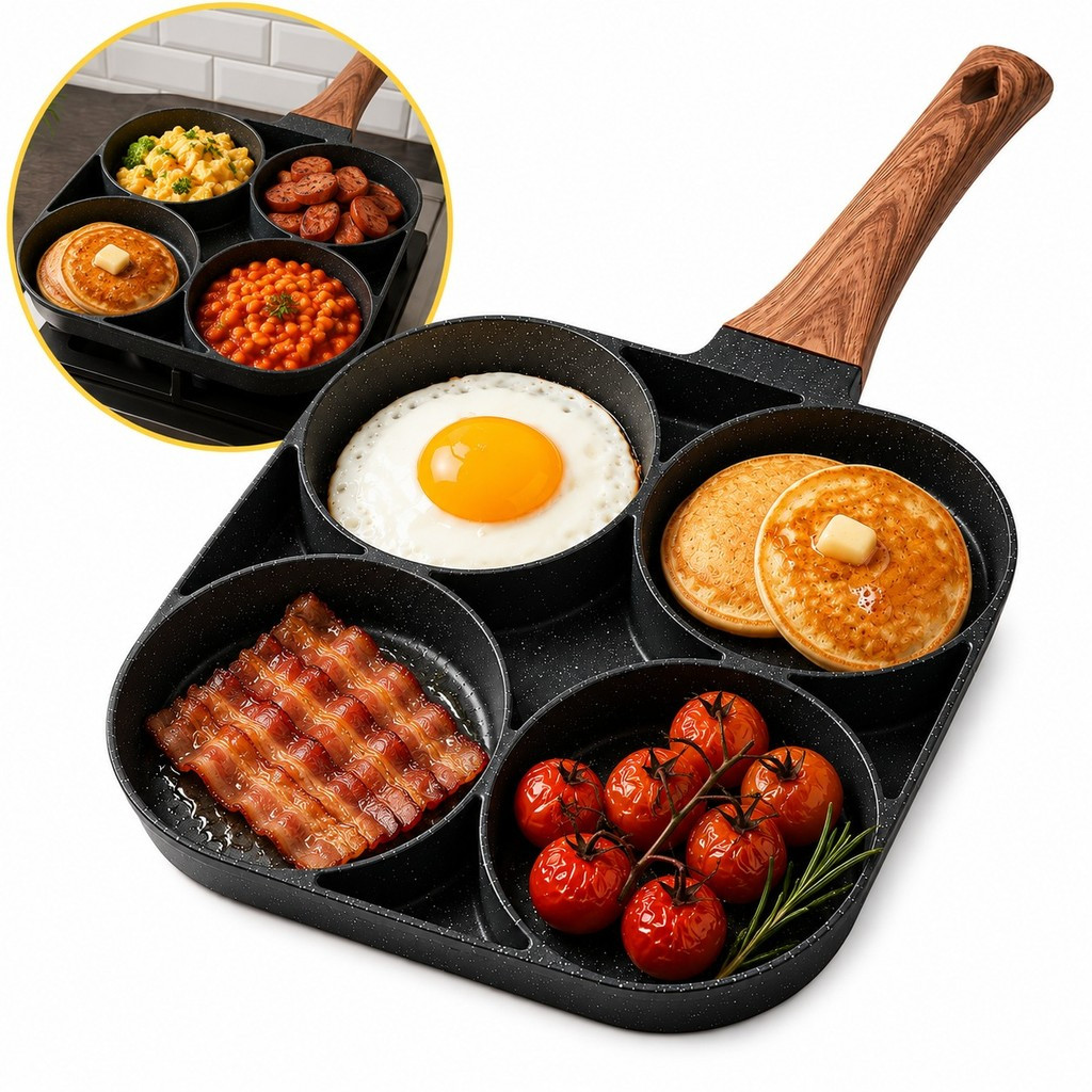 Frigideira Multifuncional Antiaderente 4 Em 1 Para Ovos , Hambúrguer , Omelete , Com Cabo De Madeira