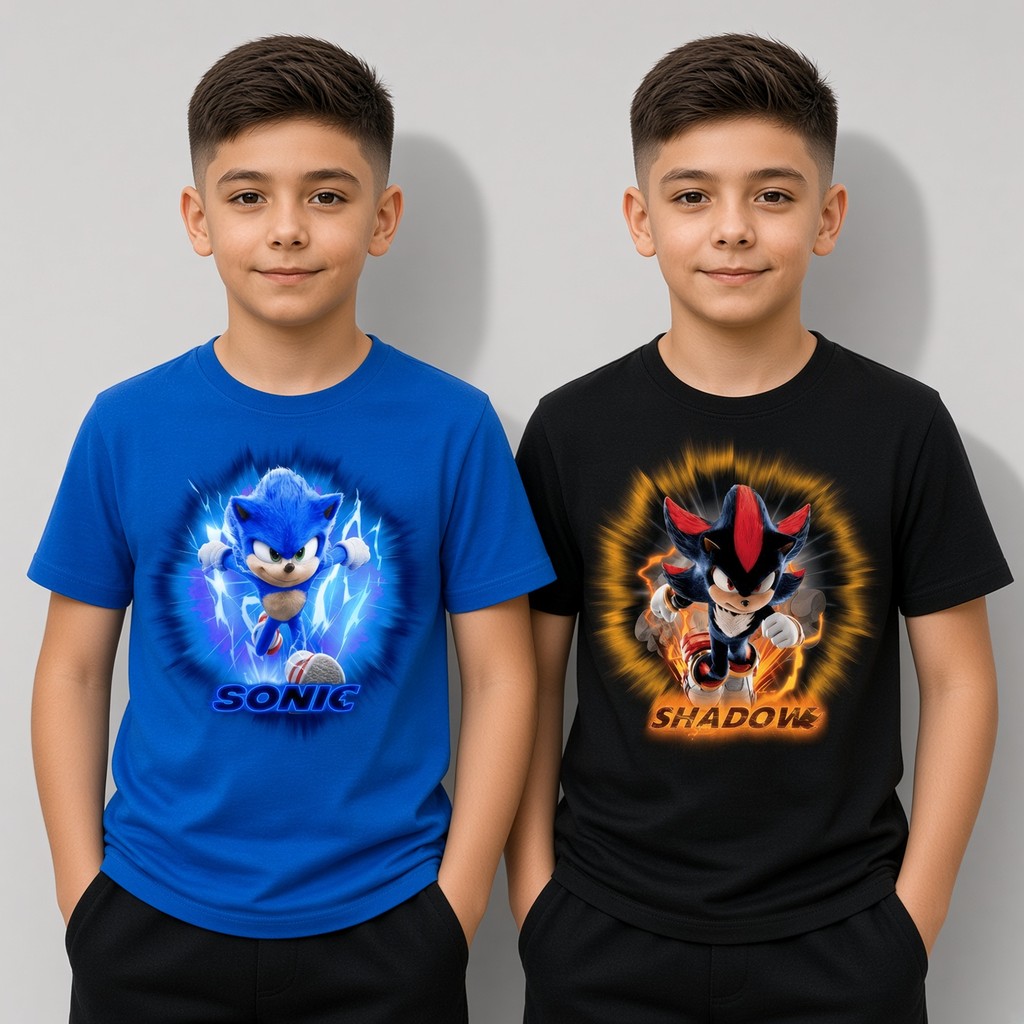 Camiseta Infantil 100% Algodão Premium Juvenil Jovem Sonic e Shadow Ouriço Estampa Gráfica DTF Menino Masculino