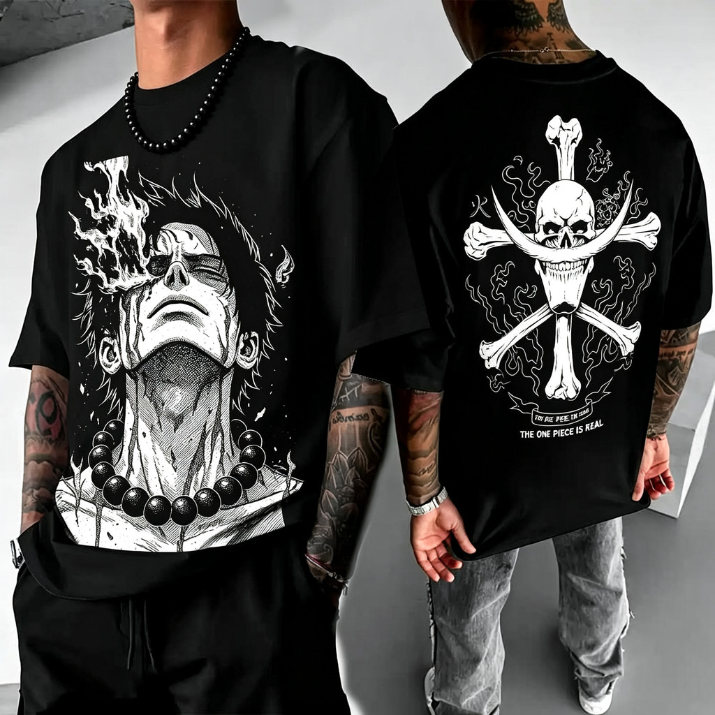 Camiseta Masculina Estampa Barba Branca de One Piece com símbolo da tripulação pirata nas costas estilosa confortável mo