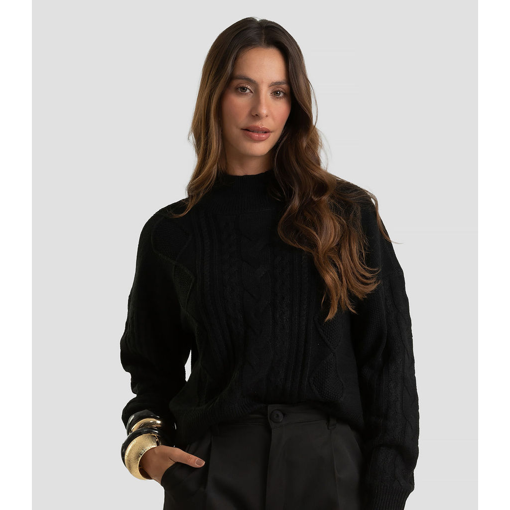 Suéter Feminino em Tricot Com Detalhes Dianna Preto