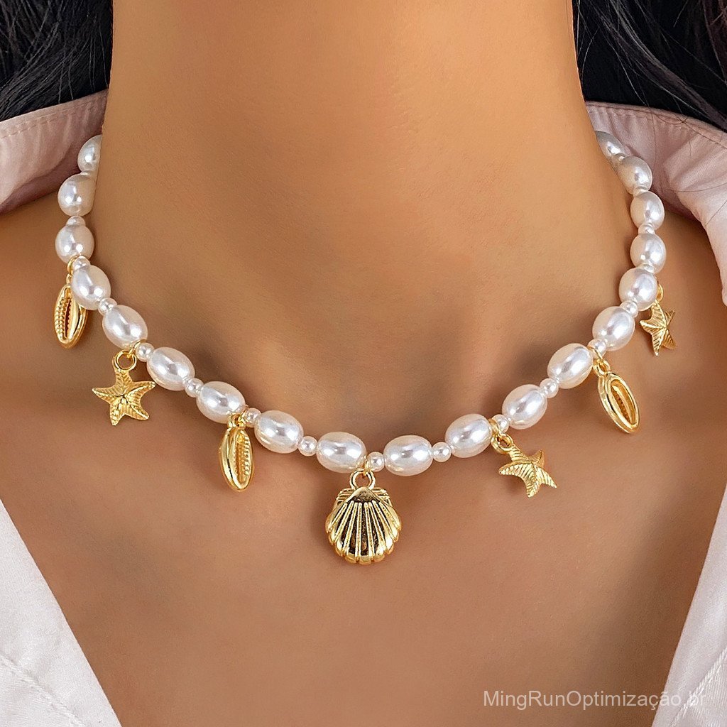 Colar feminino estilo boêmio com estrelas do mar, conchas, conchas marinhas e pérolas, colar de imitação de pérolas para