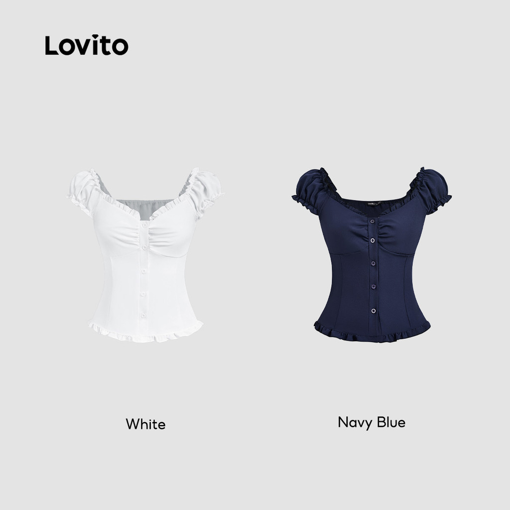 (Casual) Lovito Blusa Fofa com Acabamento de Alface de Primavera/verão Branca para mulheres L143AD190