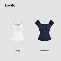 (Casual) Lovito Blusa Fofa com Acabamento de Alface de Primavera/verão Branca para mulheres L143AD190