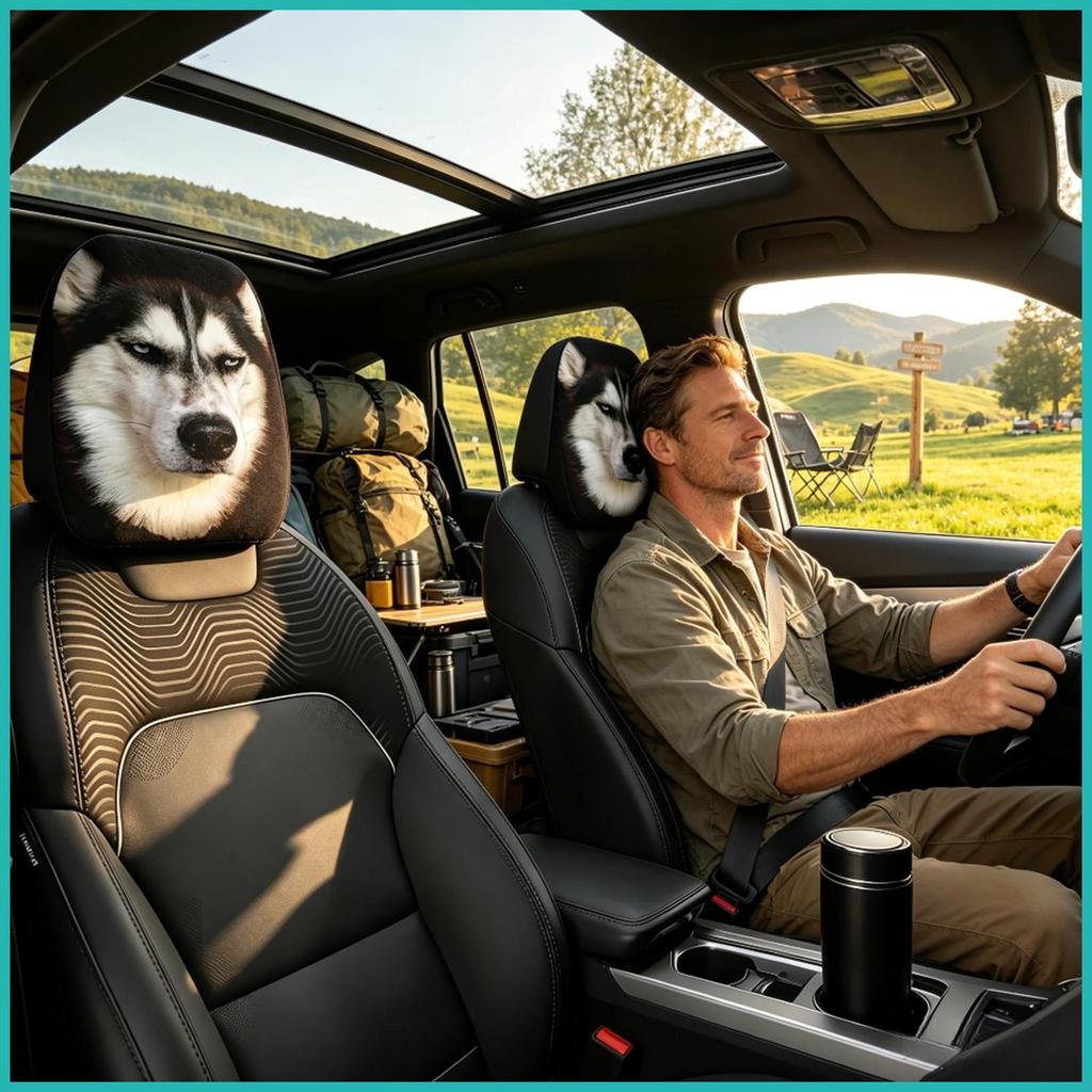 Capas De Encosto De Cabeça 2 Peças , Cachorro Fofo , Elástico , Lavável , Acessórios De Carro , Protetor De Descanso Eng