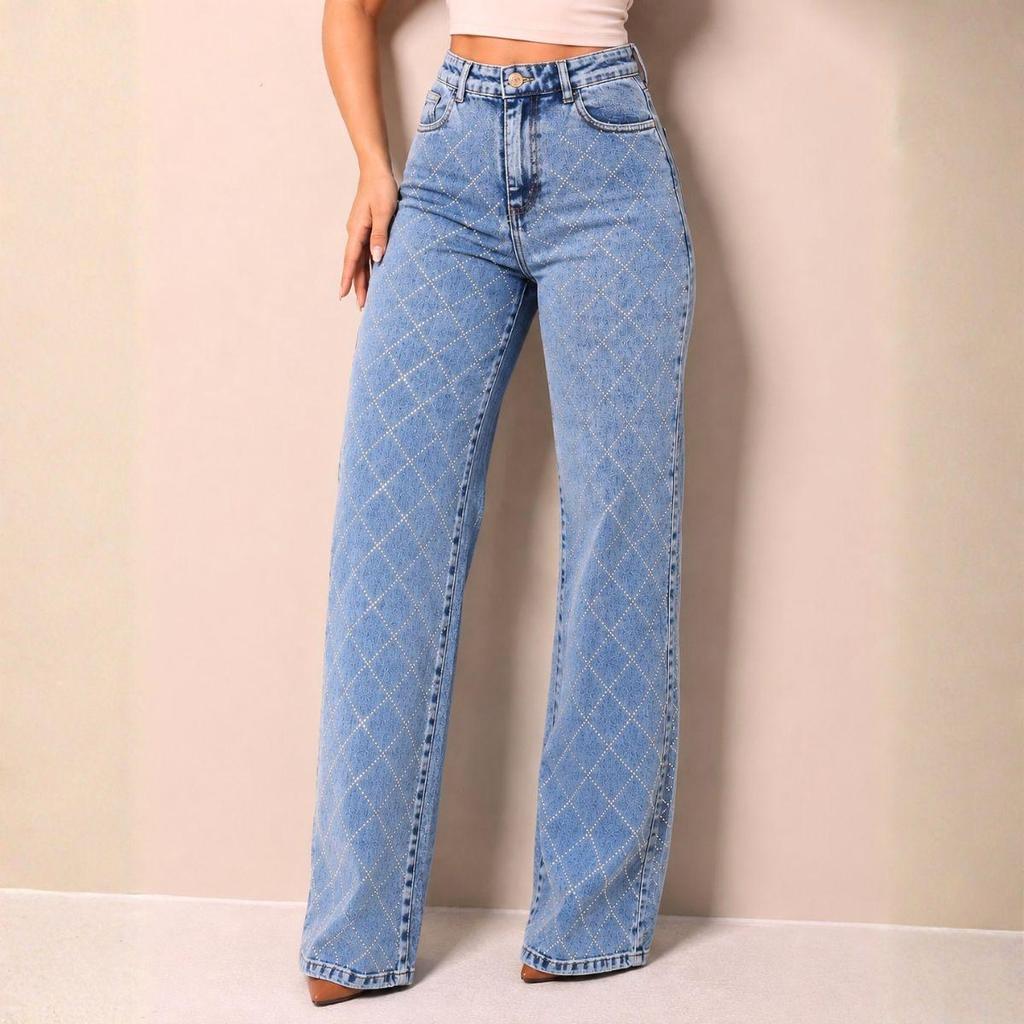 Calça Jeans STRASS - BRILHO Azul Elegante Casual Cós Alto Pantalona Linha Premium Feminina Festa com Lycra