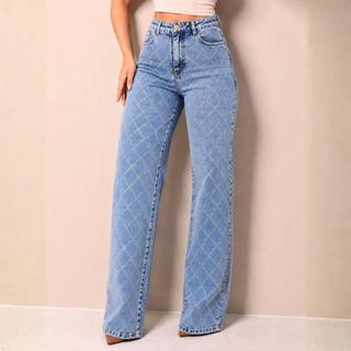 Calça Jeans STRASS - BRILHO Azul Elegante Casual Cós Alto Pantalona Linha Premium Feminina Festa com Lycra