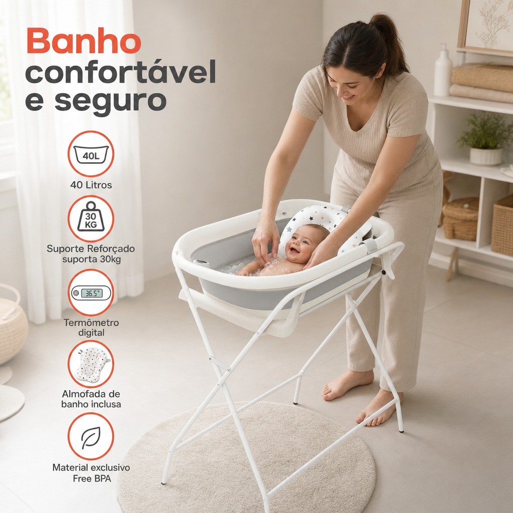 Banheira de Bebê Dobrável 40L Com Suporte Reforçado Almofada e Termômetro Infantil Bege e Cinza