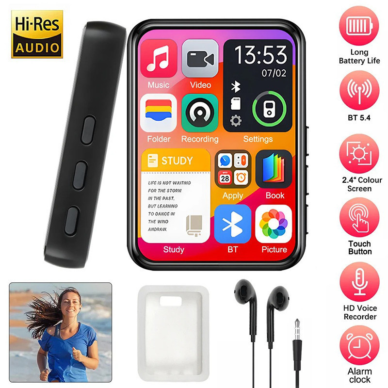 Leitor de MP3 com ecrã tátil de 2,4 polegadas, altifalante integrado, som de alta fidelidade, ideal para desporto e corr