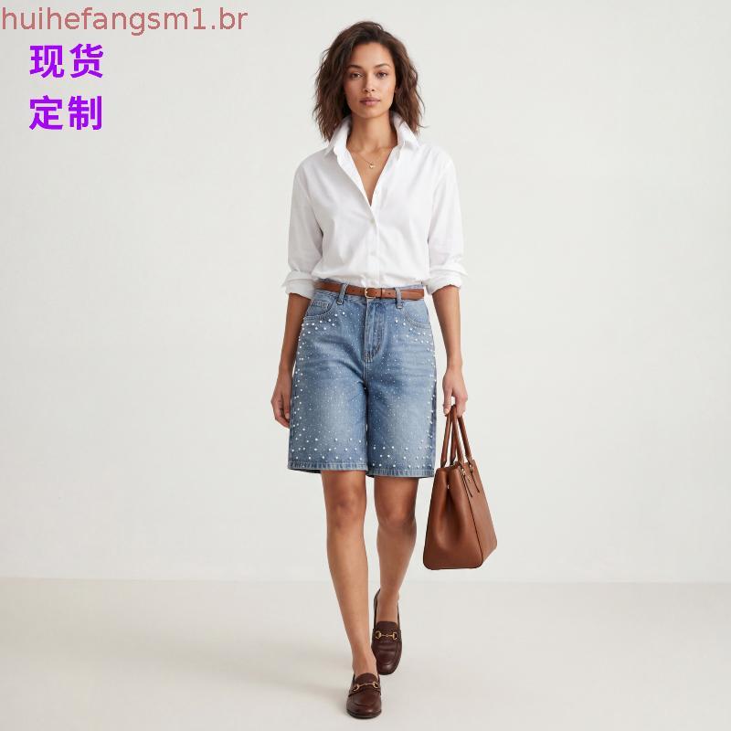 Americano Vintage Pesado Strass Denim Shorts Feminino Verão Solto Perna Larga Cinco Pontos Calças Casuais