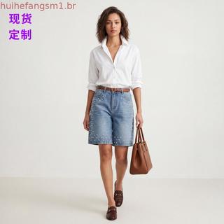 Americano Vintage Pesado Strass Denim Shorts Feminino Verão Solto Perna Larga Cinco Pontos Calças Casuais