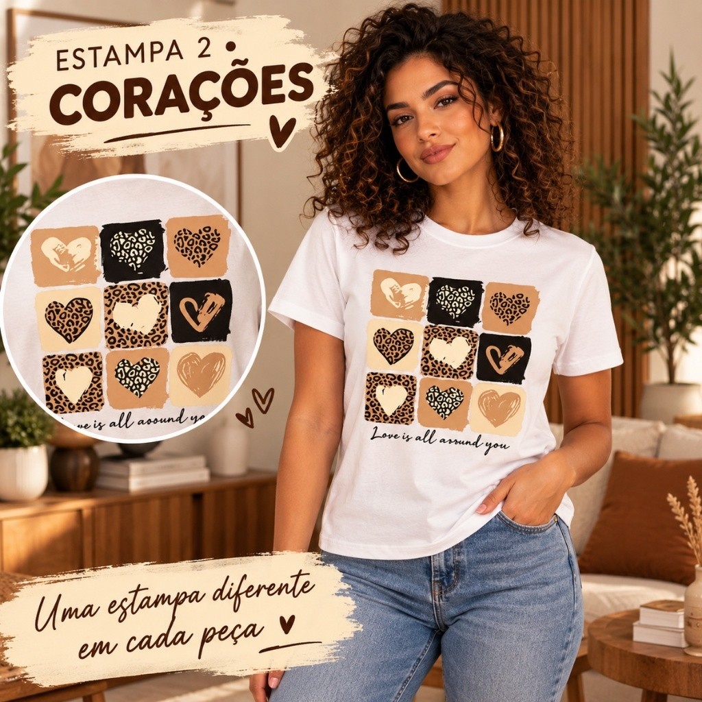 Kit 3 Camisetas Femininas de Algodão Estampadas Manga Curta Gola Redonda — imagem 2 de 2