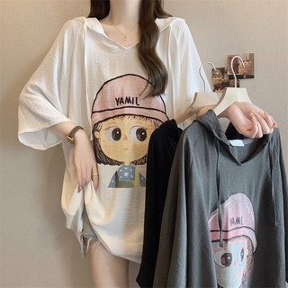 Plus Size feminino dos desenhos animados impresso com capuz de manga curta camiseta feminina verão novo estilo moda solt