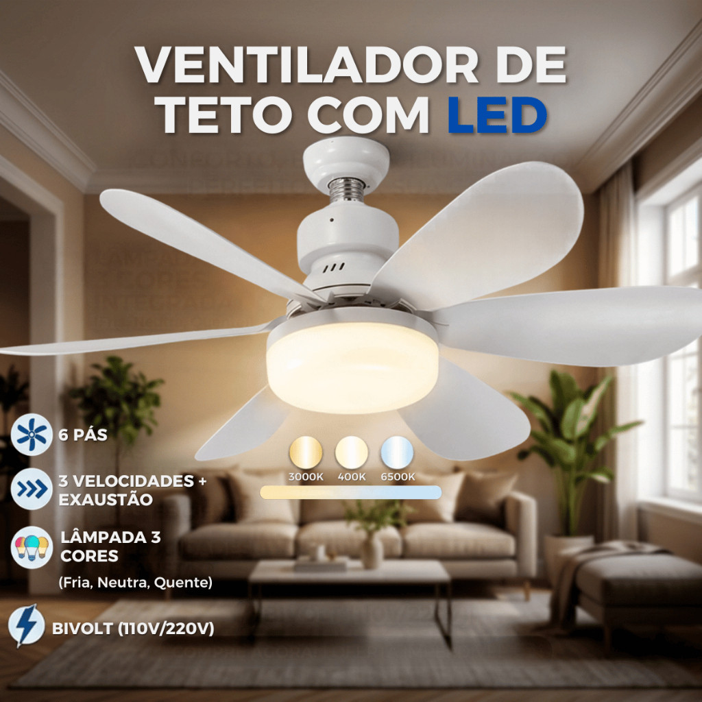 Ventilador 100w de Teto Silencioso LED 3 Cores Bulbo 12w com Controle Bivolt 6 Pás Branco Potente