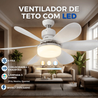 Ventilador 100w de Teto Silencioso LED 3 Cores Bulbo 12w com Controle Bivolt 6 Pás Branco Potente