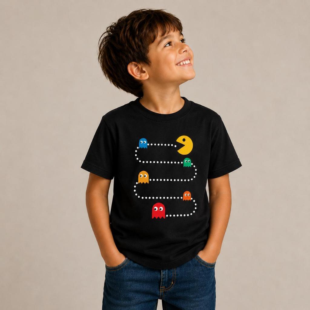 Camiseta Infantil  Estampa Divertida 100% Algodão Estampado Personalizável Pac- Man, Casual Confortável Envio Rápido