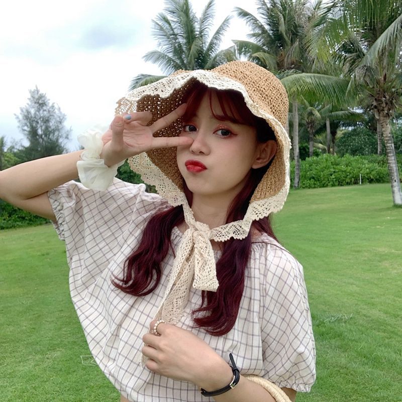 Renda francesa versão coreana ins Lolita guarda-sol chapéu de palha feminino verão fresco doce bonito atado chapéu de so