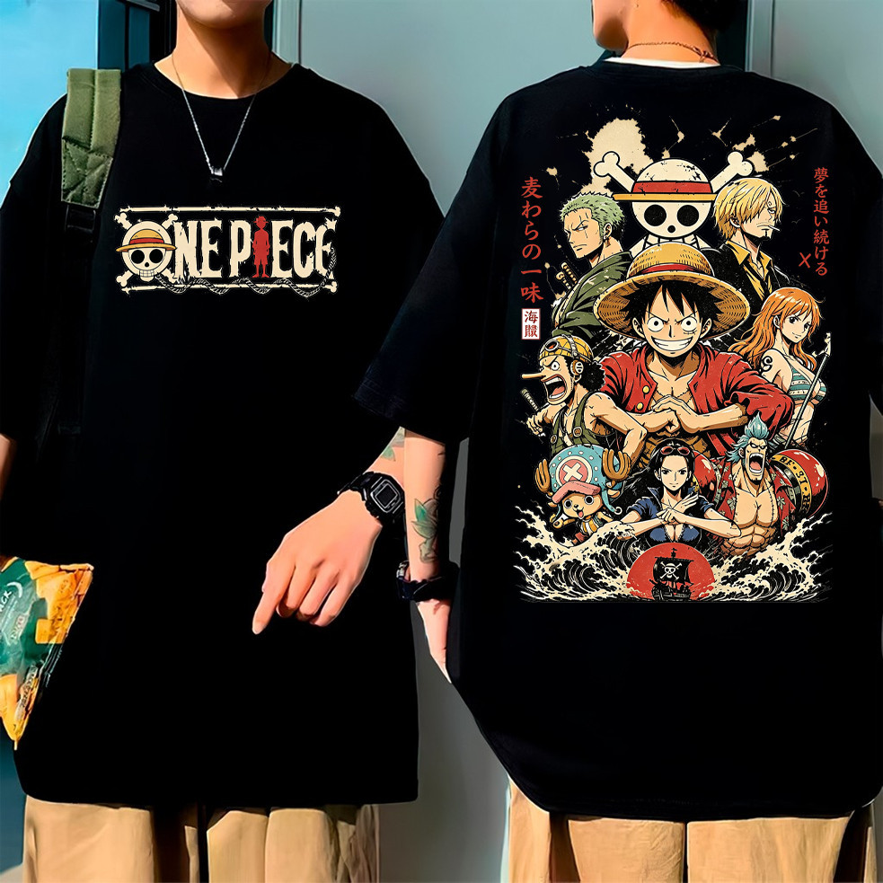 Camiseta Feminina Tripulação Chapéu de Palha One Piece Preta Modelagem Oversized Frente e Verso Confortável Linda