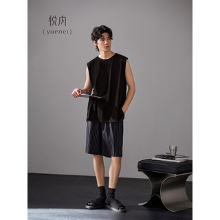 Yuenei Pijama masculino verão fino sem mangas colete Shorts de algodão puro Loungewear solto em torno do pescoço pulôver