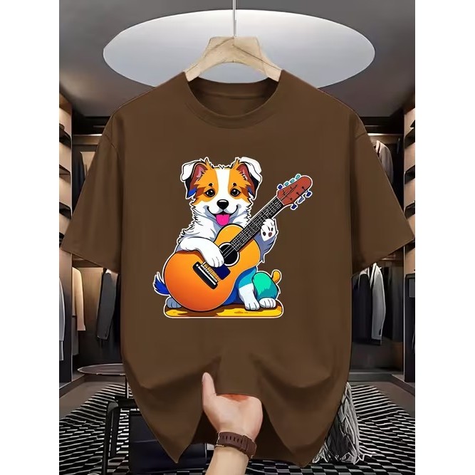 Camiseta Manga Curta Estampada Cachorro Tocando Violão Fofa Divertida Confortável Estilosa Casual Moda Verão Tendência