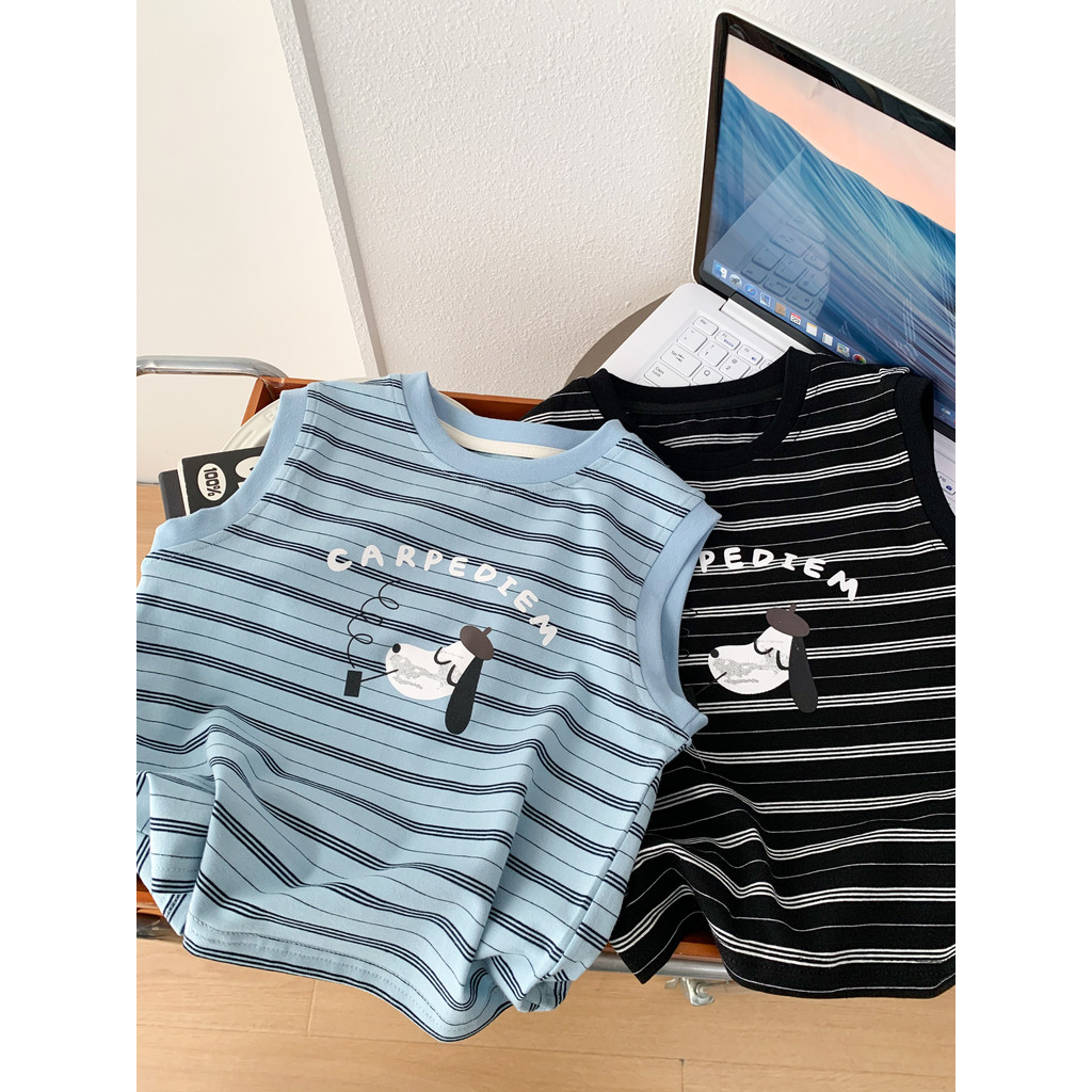 Meninos verão listrado sem mangas camiseta 2026 novo estilo crianças em torno do pescoço fino dos desenhos animados cole