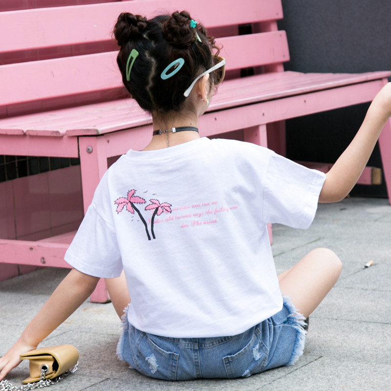 2023 novo estilo versão coreana meninas verão camiseta de manga curta médio grande crianças moda moda puro algodão topo 