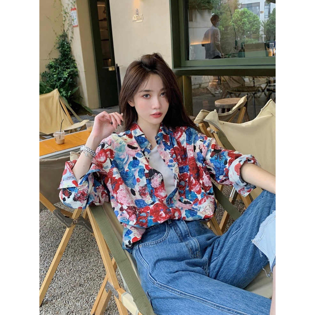 Francês Retro Hong Kong sabor protetor solar impresso camisa feminina primavera solta de manga comprida em camadas camis
