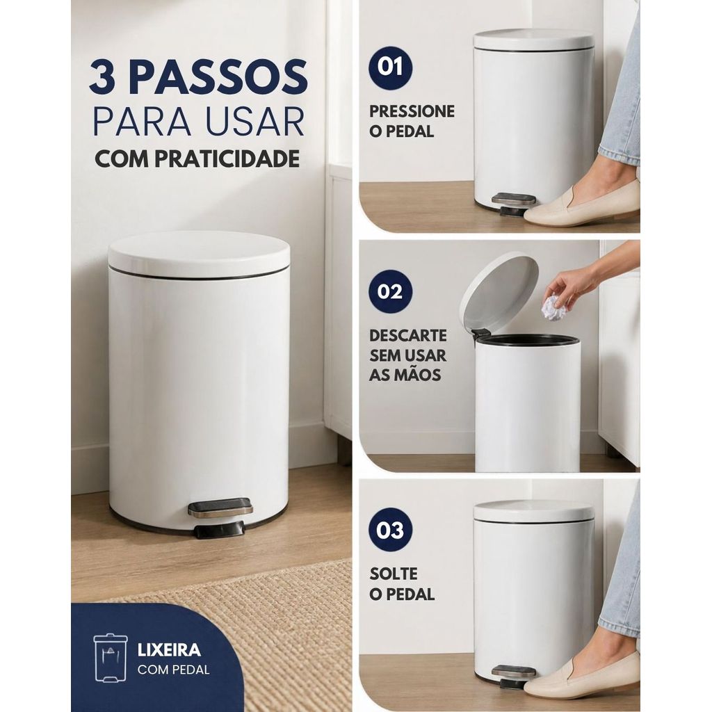 Lixeira Metálica Branca com Pedal – 3L — imagem 2 de 2