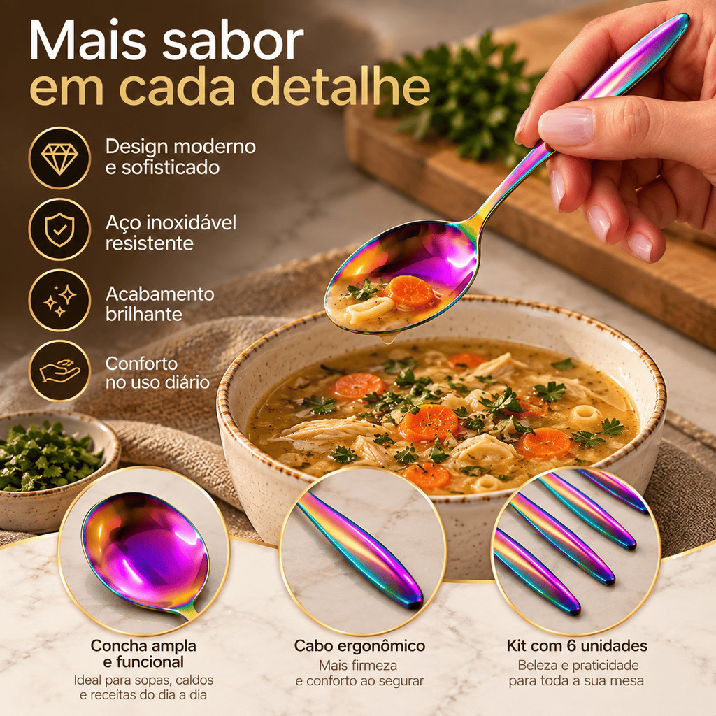Colheres Sopa Aço Inox Colorido Furta cor Kit 6 Talheres Mesa Posta Jantar 20cm — imagem 2 de 2