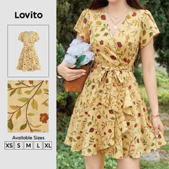 Lovito Vestido Floral Casual Amarelo com Babado Drapeado em Tecido Leve para Mulheres Primavera/Verão DRB201P1D007