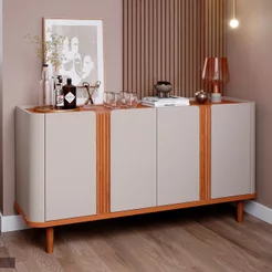 Buffet Aparador de Sala de Jantar 4 Portas com Pés de Madeira Maciça Eva Marrom/Off White/Cinamomo Off White/Cinamomo