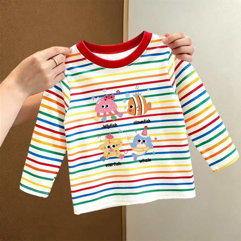 Crianças bebê primavera outono novo estilo de manga comprida camiseta meninas estilo ocidental listrado em torno do pesc