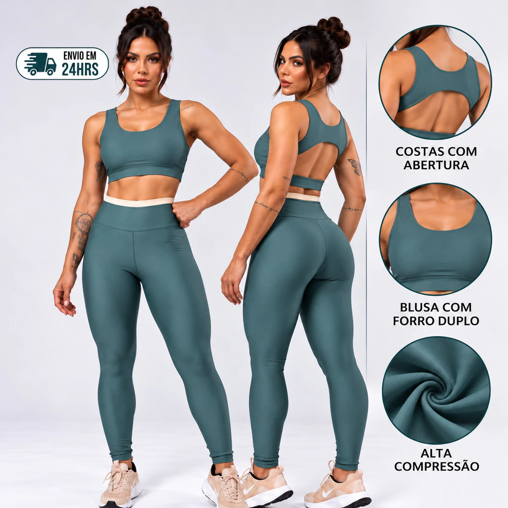 Conjunto Fitness Feminino Alta Compressão Moda Esportiva  Academia  Cós Alto Alta Compressão Yoga Corrida Musculaçao — imagem 1