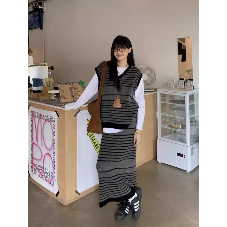Colete de malha listrado retrô feminino início do outono temperamento preguiçoso camiseta de manga comprida em camadas a