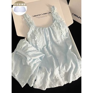 Pijamas com almofadas no peito feminino verão novo estilo azul puro algodão flor Suspender Shorts doce solto Loungewear 